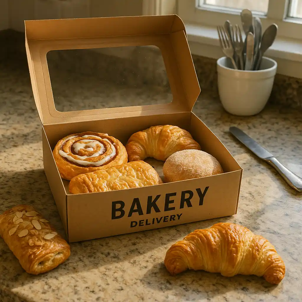 Cardboard bakery box with cute prints, kitchen shot.