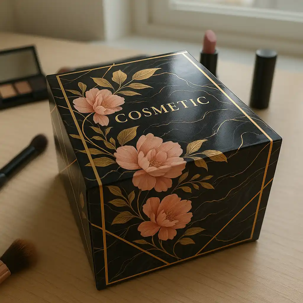 Glossy cosmetic box with vibrant print, dressing table shot.