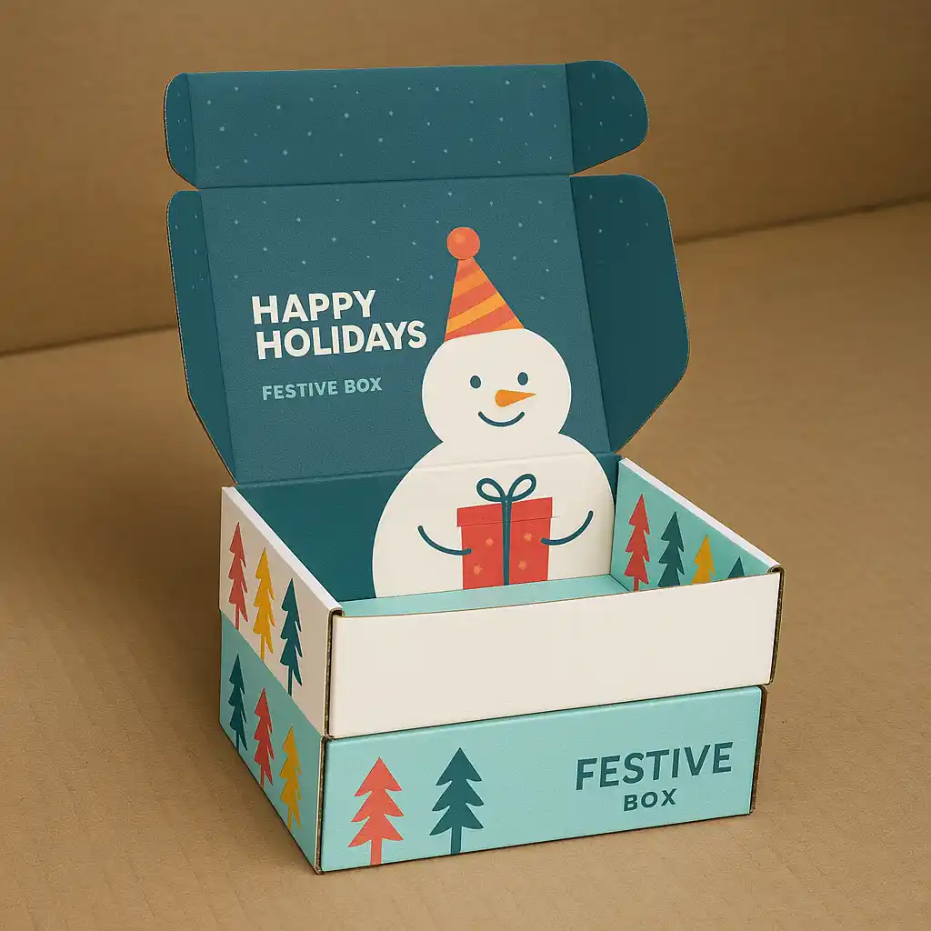 Corrugated mailer box with bold print, workspace shot.