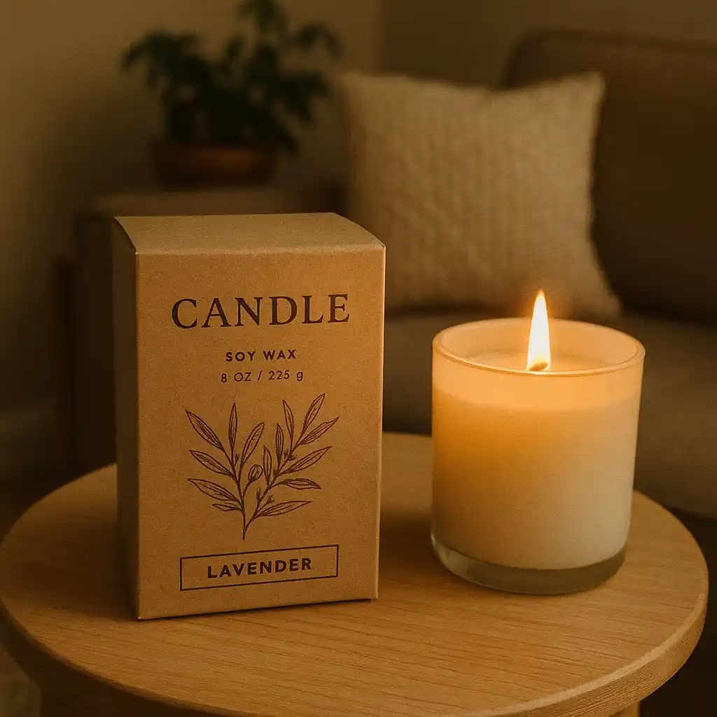 Coated candle box with warm print, bedside table photo.