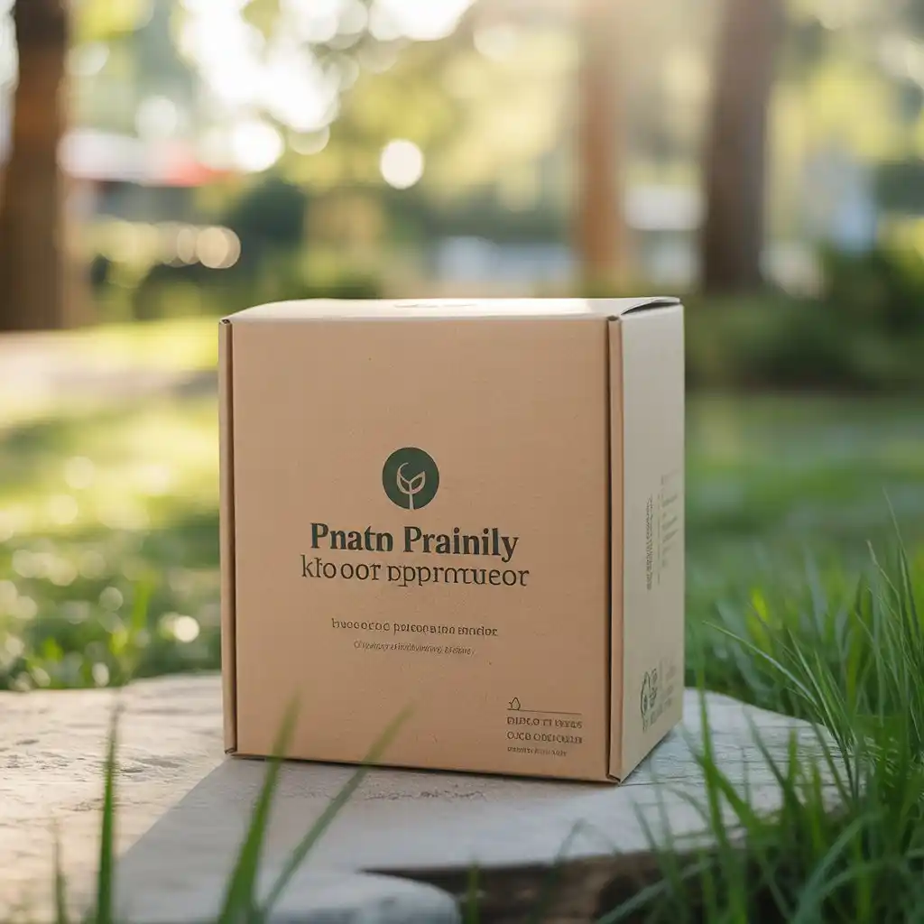 Kraft eco-friendly box with green print, outdoor mobile shot.