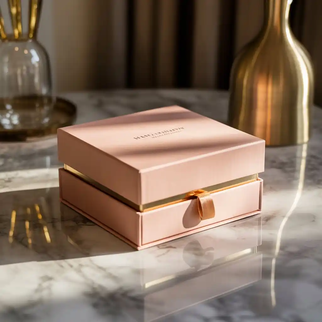 Luxury coated gift box with pastel print, living room photo