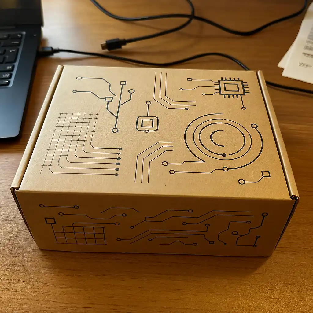 Matte electronics box with tech print, desk unboxing photo.