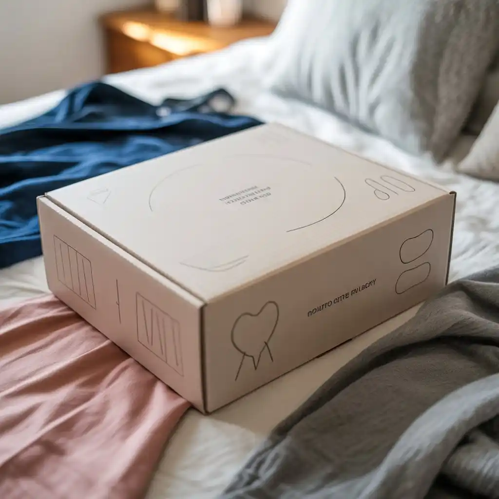 Premium apparel box with print, bedwardrobe shot.