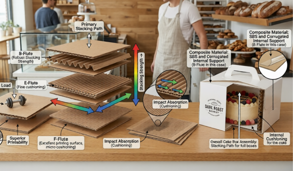 3 1 - Custom Bakery Boxes, Blogs Packaging Solution Diagram comparing E-Flute, B-Flute, and F-Flute structures used in custom bakery boxes for product protection during shipping.