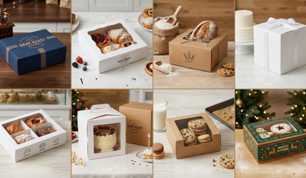 4 1 - Custom Bakery Boxes, Blogs Packaging Solution Collection of the top custom bakery box styles including logo boxes, window boxes, kraft boxes, white boxes, divider boxes, and cake packaging.