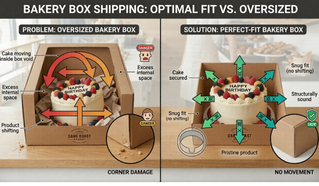 6 - Custom Bakery Boxes, Blogs Packaging Solution Comparison showing a properly sized custom bakery box versus an oversized box to reduce product movement and shipping damage.
