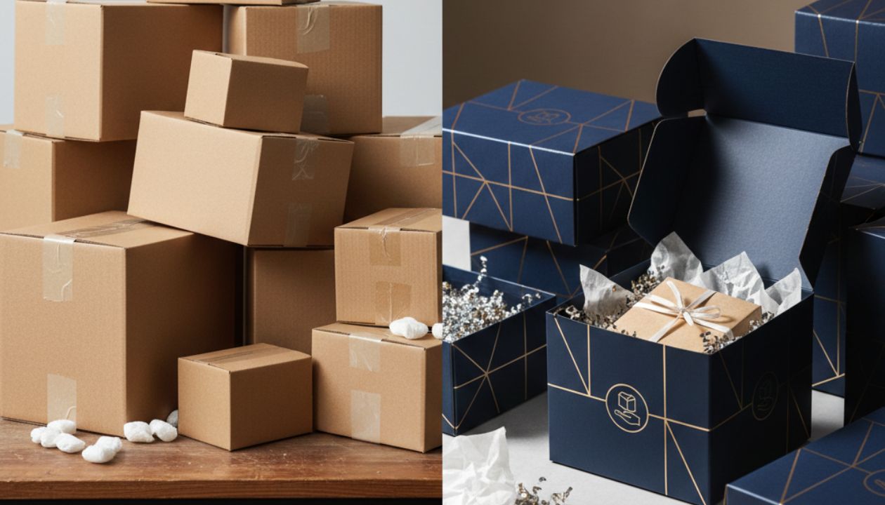 Side-by-side comparison of custom printed mailer boxes and standard brown shipping cartons on a wooden table