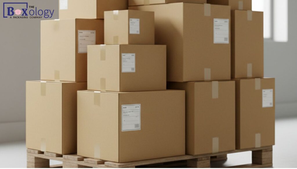 2 8 - Mailer Boxes Packaging Solution Large stack of standard brown corrugated shipping boxes on a wooden pallet in a bright warehouse setting.