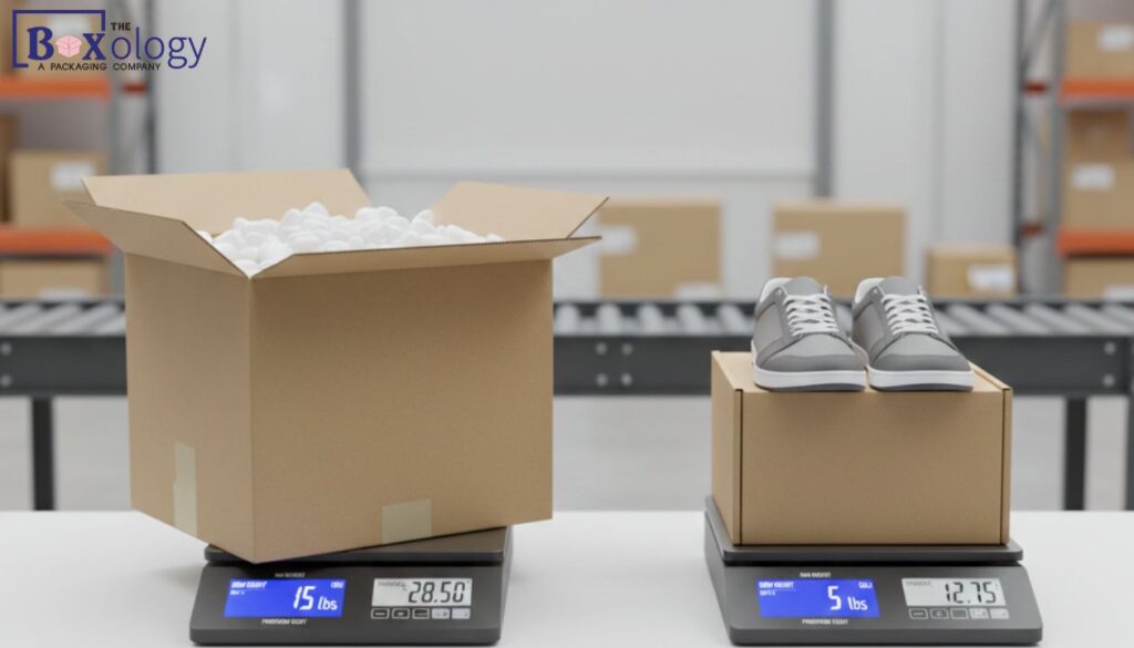 3 8 - Mailer Boxes Packaging Solution Comparison of a large standard box and a right-size custom mailer box on digital scales showing shipping weight savings.