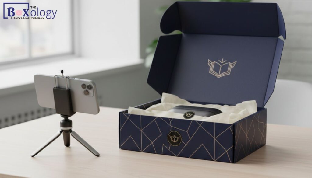 4 8 - Mailer Boxes Packaging Solution Premium navy blue custom mailer box open with tissue paper reveal next to a smartphone on a tripod for social media filming.