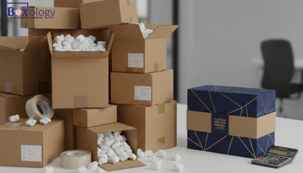5 4 - Mailer Boxes Packaging Solution A high-quality branded mailer box next to a calculator and a pile of messy standard boxes to illustrate packaging ROI.