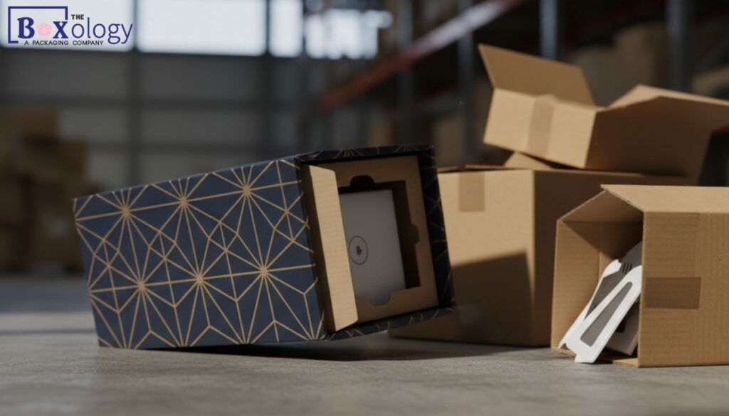6 1 - Mailer Boxes Packaging Solution Close-up of a sturdy custom mailer box showing double-walled corrugated cardboard protection during shipping in a warehouse.