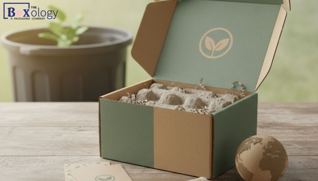7 1 - Mailer Boxes Packaging Solution Sustainable custom mailer box made from recycled kraft paper on a wooden surface with green environmental symbols.