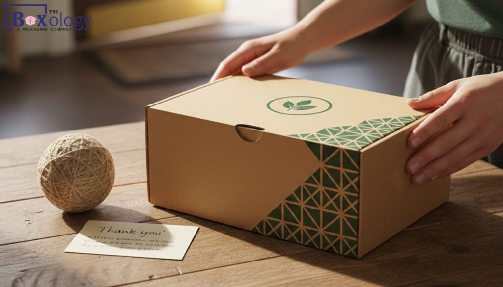 8 1 - Mailer Boxes Packaging Solution A customer happily receiving a professional custom printed mailer box at their doorstep, showcasing brand trust.