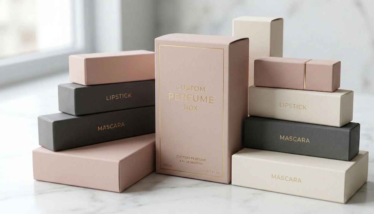 A collection of premium wholesale custom cosmetic boxes including perfume, lipstick, and mascara packaging on a marble surface.