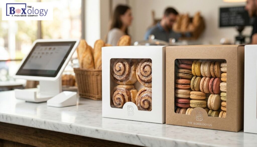 2 - Custom Bakery Boxes Packaging Solution Close-up of premium white and kraft custom bakery boxes with windows, showing detailed textures. Through the crystalline windows, fresh glazed cinnamon rolls and precise colorful macarons are visible on a retail counter. Feature minimal The Boxology.US 'B' logo and debossed text.