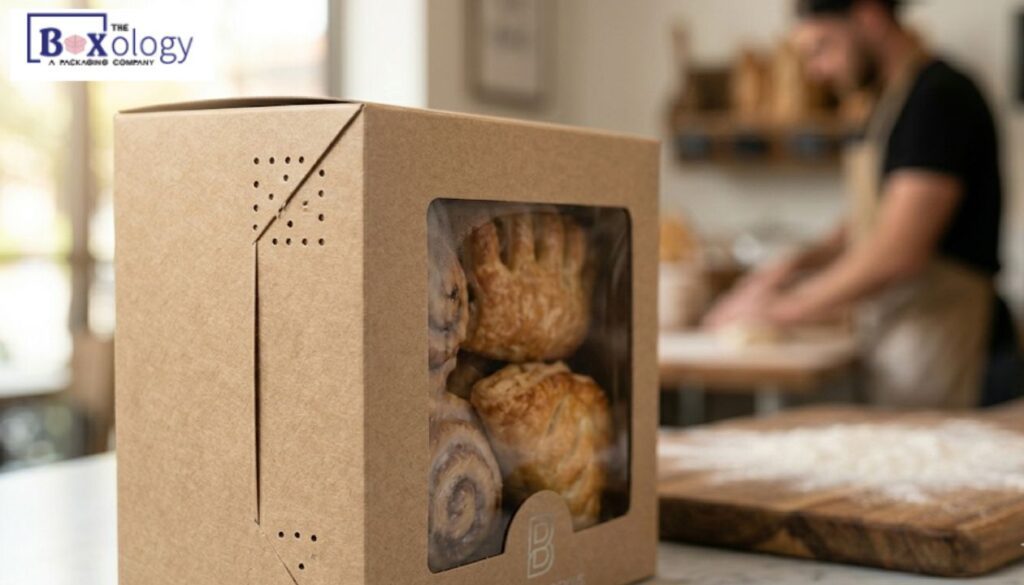 3 - Custom Bakery Boxes Packaging Solution Technical close-up of The Boxology.US engineered custom bakery packaging box, made of natural high-porosity Kraft paperboard. Discrete, precision-die-cut ventilation holes are visible above the locking tab, demonstrating moisture control and breathability. Crystalline window shows warm pastries and slight natural condensation.