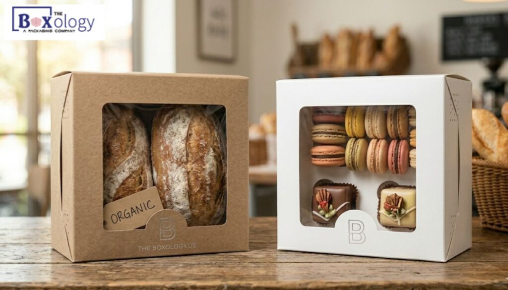 4 - Custom Bakery Boxes Packaging Solution A direct comparison of The Boxology.US premium packaging: on the left, an eco-friendly Kraft Bakery Box with a rustic texture for organic treats; on the right, a crisp White Bakery Box with a clean, high-contrast appearance for elegant pastries. Both feature crystalline windows and structurally reinforced corners.