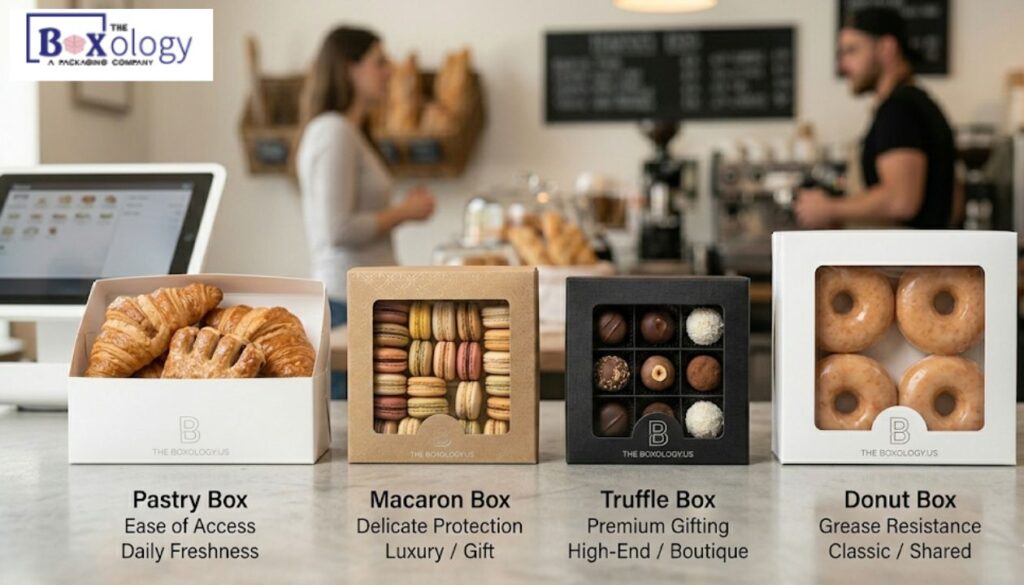 5 - Custom Bakery Boxes Packaging Solution A direct comparison of four specialized premium packaging types from The Boxology.US: From left, Pastry Box (croissants, daily freshness, white); Macaron Box (French macarons, delicate protection, Kraft with gold foil); Truffle Box (chocolates, premium gifting, black rigid); and Donut Box (glazed donuts, grease resistance, white with window).
