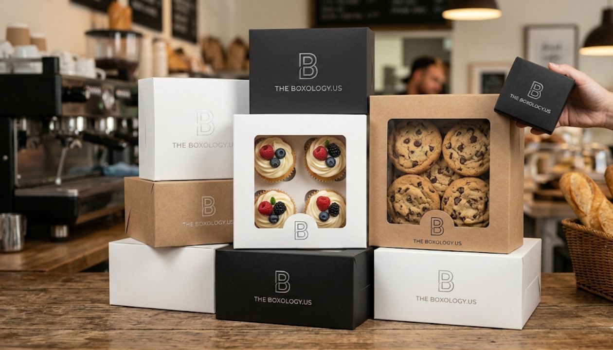 Premium Custom Bakery Boxes with Windows showing detailed textures and structurally rigid designs, featuring The Boxology.US branding in a bustling American bakery. Includes white, kraft, and black samples
