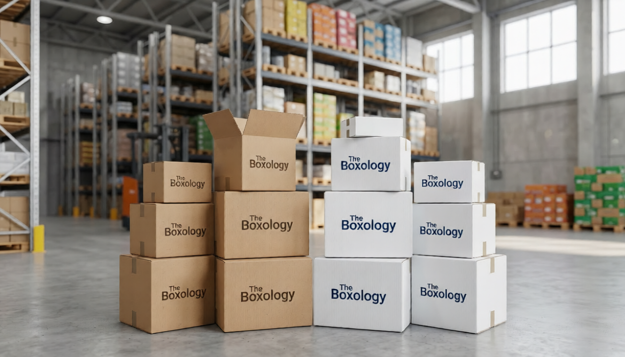 Branded corrugated shipping boxes from The Boxology on a clean warehouse floor.