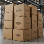 Stack of heavy duty double wall corrugated boxes in a minimalist USA warehouse showing clean kraft texture