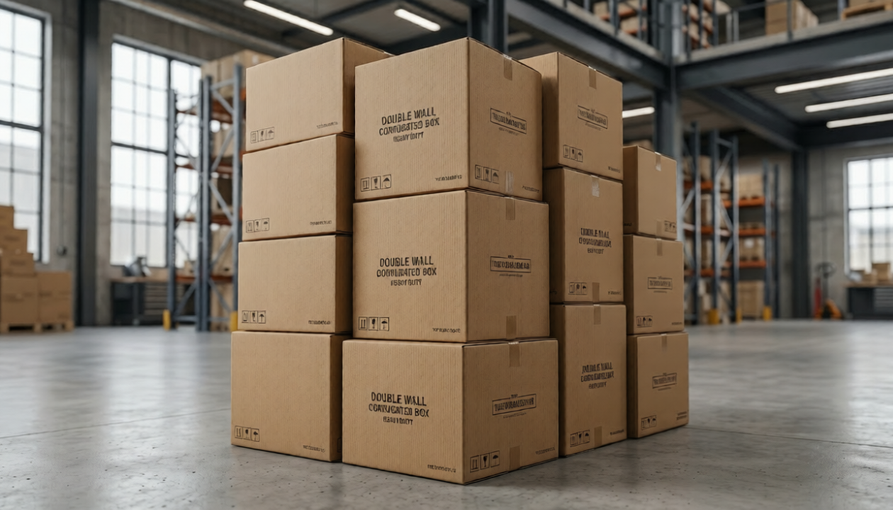 Stack of heavy duty double wall corrugated boxes in a minimalist USA warehouse showing clean kraft texture