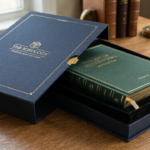 Half-opened custom rigid book box by The Boxology.US revealing a premium limited edition book