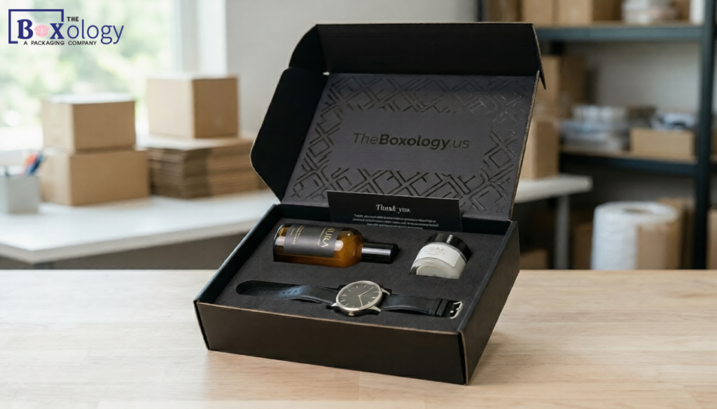 Luxury open black mailer box showing premium unboxing experience.