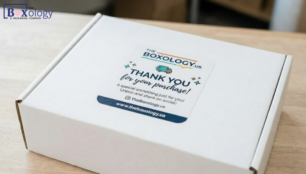 Plain white mailer box personalized with a branded sticker