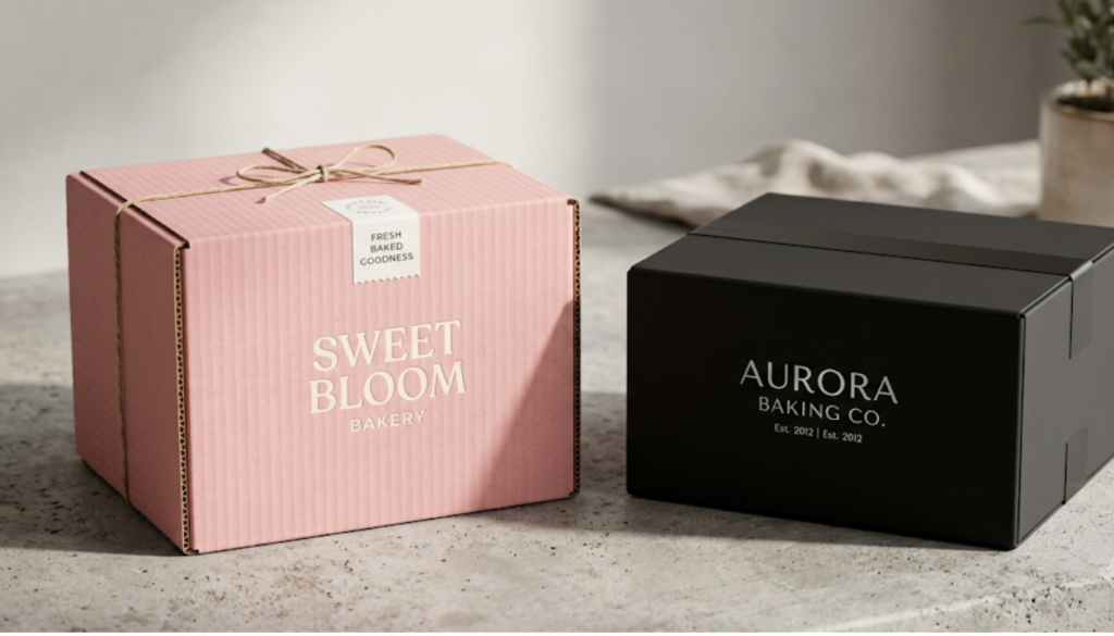 Premium pink corrugated cookie box and classic black shipping boxes side by side for bakery business packaging