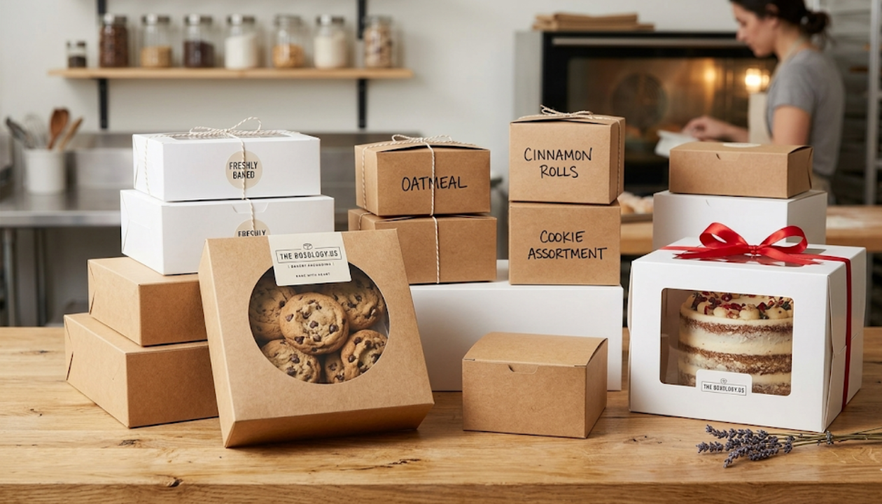 A professional collection of white and brown kraft wholesale bakery boxes on a wooden bakery counter.