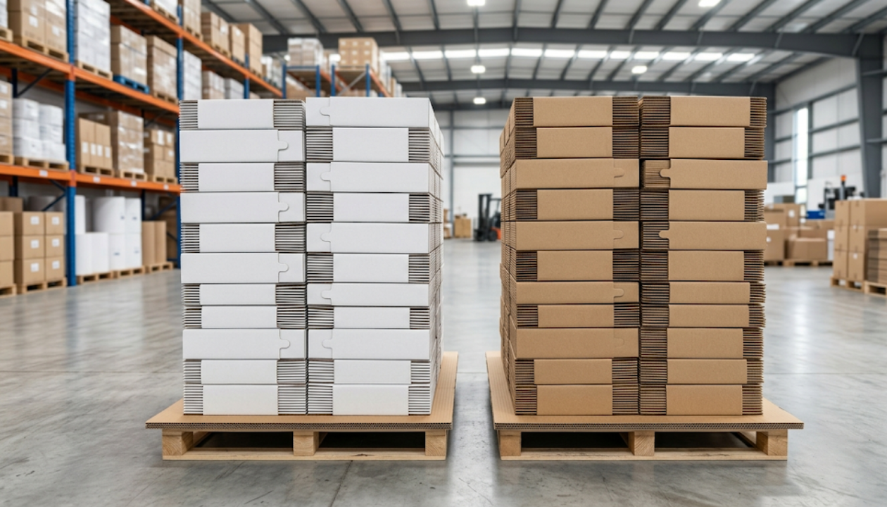 A large warehouse inventory showing professional stacks of white and kraft literature mailers on wooden pallets.