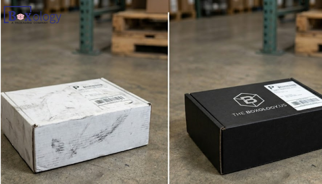2 11 - Mailer Boxes Packaging Solution Comparison between a scuffed white mailer box and a clean black shipping box after transit.