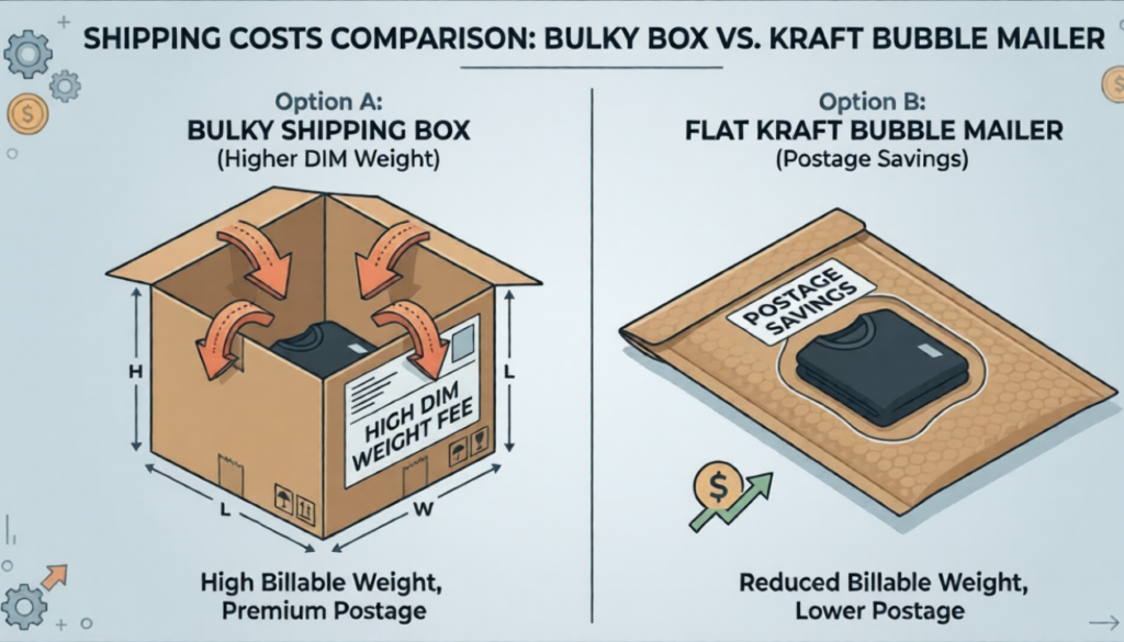 2 14 - Mailer Boxes Packaging Solution Side-by-side infographic comparing a bulky shipping box with high DIM weight fees to a flat kraft bubble mailer showing postage savings.
