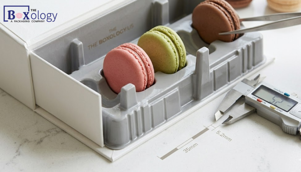 2 16 - Custom Bakery Boxes Packaging Solution Close-up shot of a food-grade thermoformed tray insert inside a rigid macaron box showing protective structural support and moisture-resistant coating.