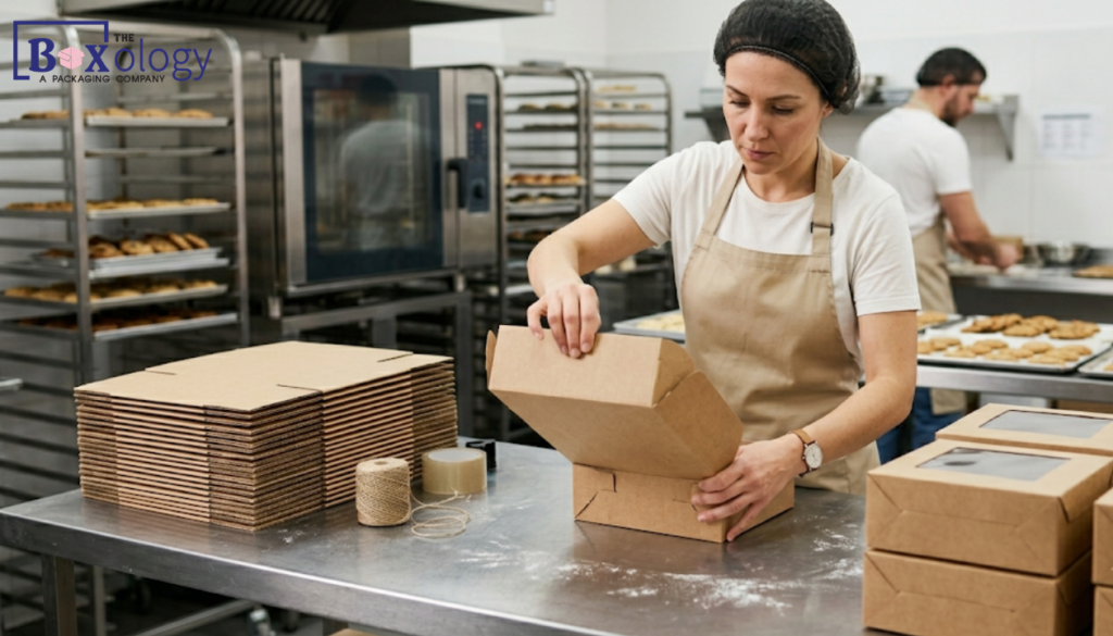 Flat wholesale cookie boxes being easily assembled in a commercial bakery kitchen.