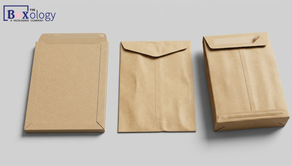 3 14 - Mailer Boxes Packaging Solution A side-by-side comparison of three packaging types: a rigid kraft mailer, an unpadded kraft paper envelope, and an expandable gusseted kraft mailer.