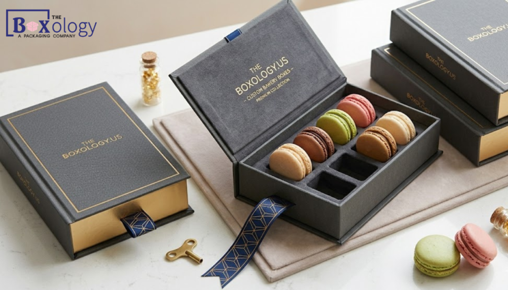 3 16 - Custom Bakery Boxes Packaging Solution Premium book-style luxury macaron packaging box featuring a dark slate texture with gold foil branding and a deep blue geometric ribbon pull-tab.