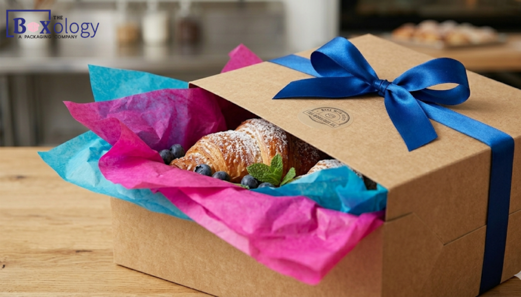 A half-open kraft bakery box featuring vibrant pink and blue tissue paper and a premium blue silk ribbon bow.
