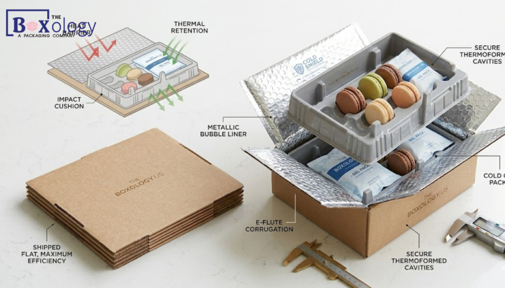 4 16 - Custom Bakery Boxes Packaging Solution Exploded view of an E-flute corrugated macaron shipping box with a metallic bubble insulation liner, cold gel packs, and secure thermoformed cavities.