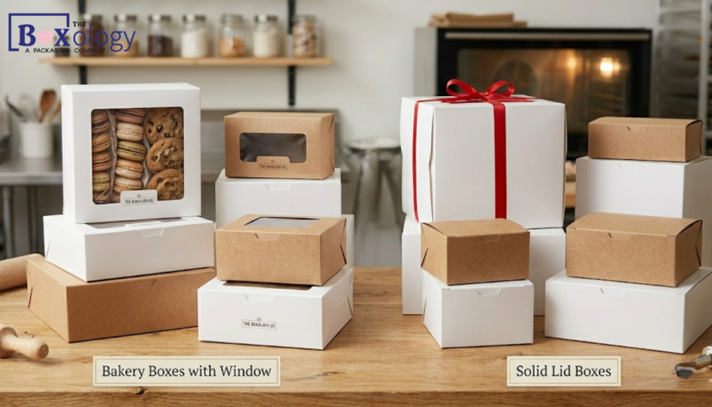 A side-by-side comparison of bakery boxes with windows showing cookies and solid lid boxes with red ribbons.