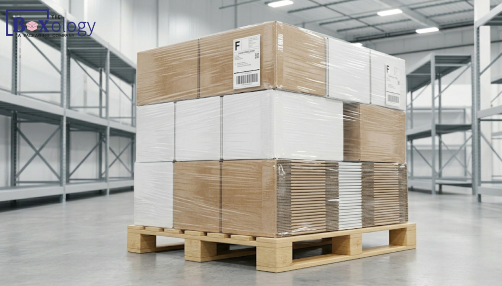 A professional pallet of shrink-wrapped wholesale mailer boxes ready for bulk shipping.