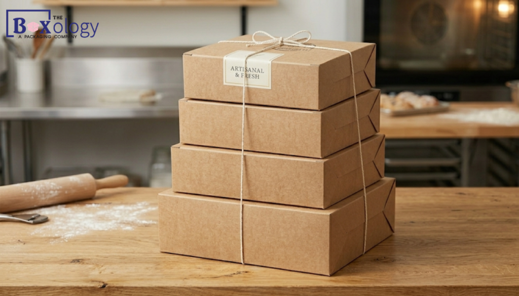 Four sturdy brown kraft wholesale bakery boxes perfectly stacked to demonstrate structural integrity.