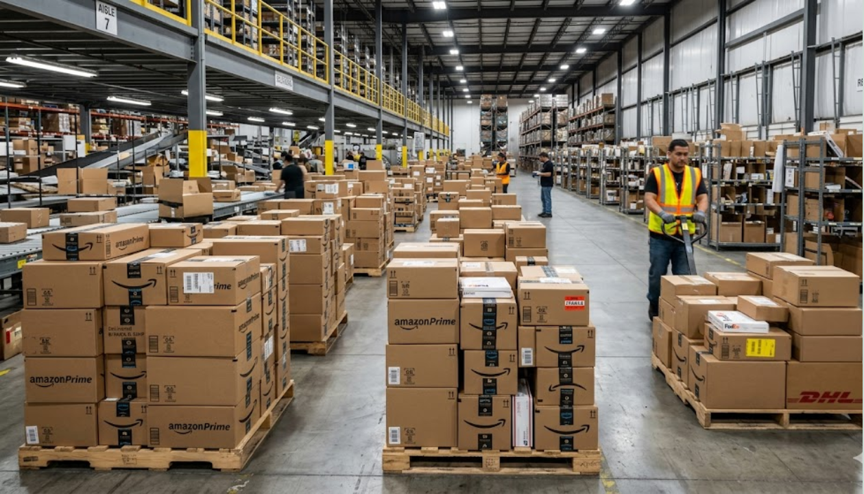 Custom corrugated shipping boxes stacked in a warehouse for nationwide distribution