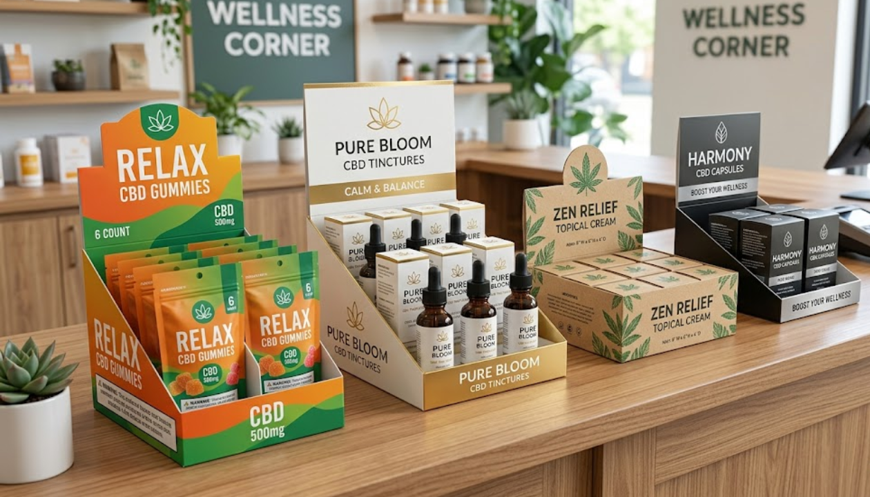 Custom CBD display boxes with custom printing and retail display features
