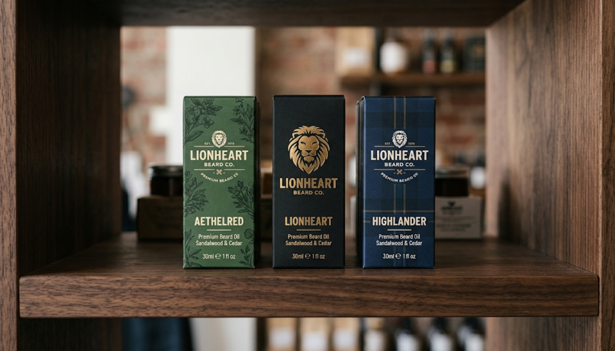 Custom printed beard oil boxes displayed on a luxury retail shelf.