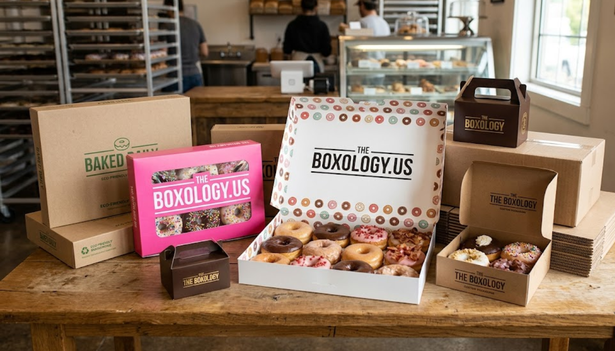 A panoramic shot of assorted custom printed donut boxes on a wooden table, including a dozen-size white SBS box, a pink half-dozen box with a window, a Kraft board takeaway box, and personalized individual single donut boxes at The Boxology bakery.