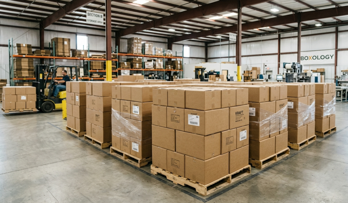 Wholesale kraft corrugated boxes stacked in a warehouse